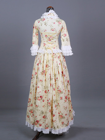 ベージュ レトロ コスチューム レディース 花柄 マリー アントワネット コスチューム フリル レース ポリエステル セット ドレス レトロ 仮面舞踏会 ボールガウン