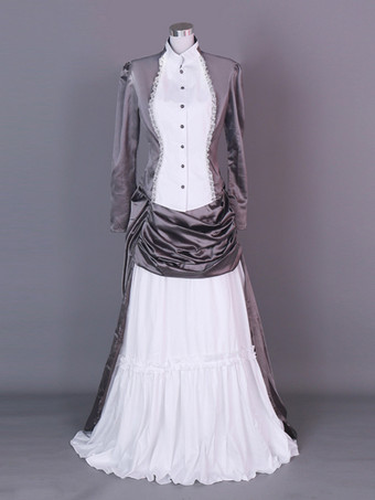 シルバー パープルレトロコスチュームレディースマリーアントワネットコスチュームカラーブロックフリルポリエステルセットスカートトップレトロ18世紀コスチューム