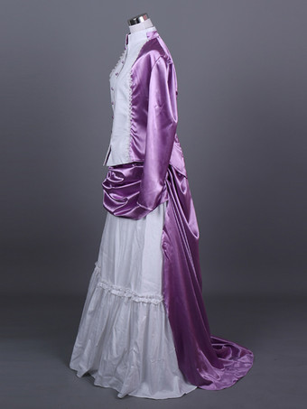 パープルレトロコスチュームレディースマリーアントワネットコスチュームカラーブロックフリルポリエステルセットスカートトップレトロ18世紀コスチューム