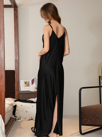 ロングナイトガウン ブラック ストレッチ エレガント 大人用ランジェリー