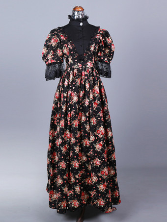 ブラック 黒のレトロコスチューム レースポリエステル花柄ドレス マリーアントワネットコスチューム レディース レトロセット 18世紀コスチューム