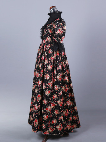 黒のレトロコスチューム レースポリエステル花柄ドレス マリーアントワネットコスチューム レディース レトロセット 18世紀コスチューム