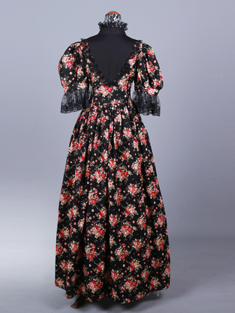 黒のレトロコスチューム レースポリエステル花柄ドレス マリーアントワネットコスチューム レディース レトロセット 18世紀コスチューム