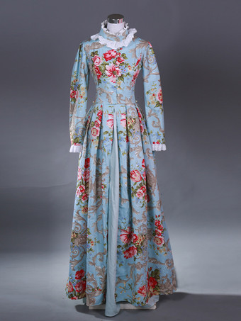 ライトスカイブルーライトスカイブルー レトロコスチューム レディース マリーアントワネットコスチューム 花柄プリント フリル ポリエステルセットドレス レトロ 18世紀コスチューム