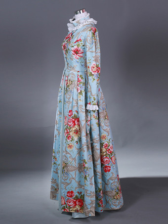 ライトスカイブルー レトロコスチューム レディース マリーアントワネットコスチューム 花柄プリント フリル ポリエステルセットドレス レトロ 18世紀コスチューム