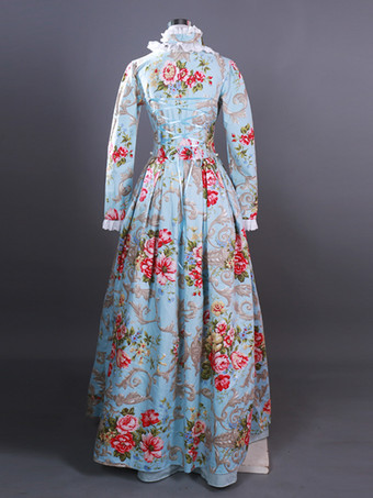 ライトスカイブルー レトロコスチューム レディース マリーアントワネットコスチューム 花柄プリント フリル ポリエステルセットドレス レトロ 18世紀コスチューム