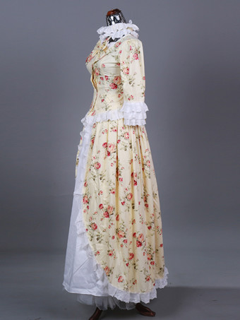 ベージュ レトロ コスチューム レディース 花柄 マリー アントワネット コスチューム フリル レース ポリエステル セット ドレス レトロ 仮面舞踏会 ボールガウン