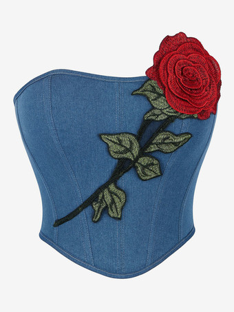 ブルー コルセット ブルー ビスチェ トップ 刺繍 室内用 シック ランジェリー