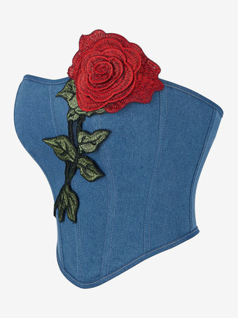 コルセット ブルー ビスチェ トップ 刺繍 室内用 シック ランジェリー