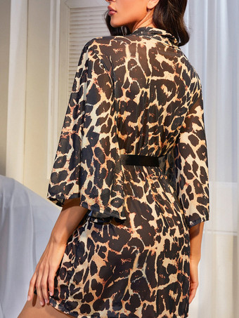 ローブ 長袖 ヒョウ柄 ランジェリー 寝間着 ナイトガウン