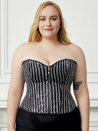 プラスサイズ ビスチェトップ コルセット ブラック レースアップ ジッパー ストライプ 室内用 シック ランジェリー