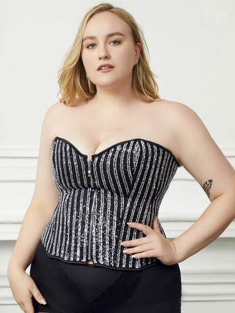 プラスサイズ ビスチェトップ コルセット ブラック レースアップ ジッパー ストライプ 室内用 シック ランジェリー