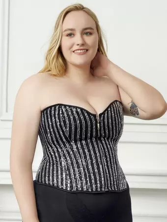 Plus Size Bustier Top Korsetts Schwarz Schnurung ReiBverschluss Streifen Indoor Chic Dessous Milanoo