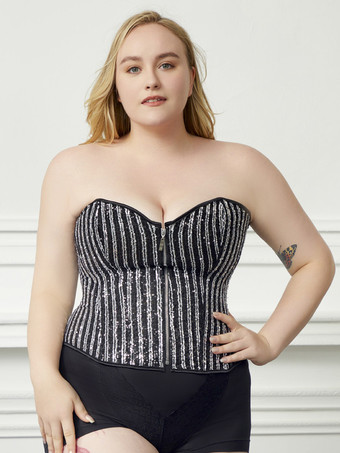 ブラック プラスサイズ ビスチェトップ コルセット ブラック レースアップ ジッパー ストライプ 室内用 シック ランジェリー