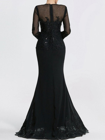 イブニングドレス マーメイド ジュエルネック コートトレイン 長袖 ジッパーアップリケ スパンコール フォーマルパーティードレス
