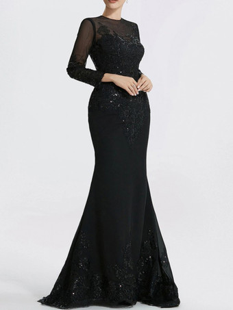 イブニングドレス マーメイド ジュエルネック コートトレイン 長袖 ジッパーアップリケ スパンコール フォーマルパーティードレス