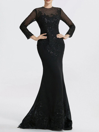 イブニングドレス マーメイド ジュエルネック コートトレイン 長袖 ジッパーアップリケ スパンコール フォーマルパーティードレス