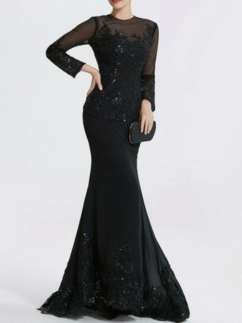 イブニングドレス マーメイド ジュエルネック コートトレイン 長袖 ジッパーアップリケ スパンコール フォーマルパーティードレス
