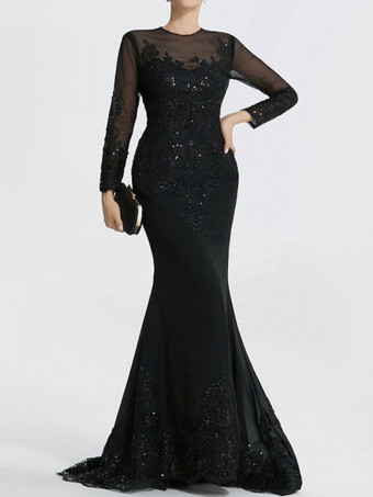 イブニングドレス マーメイド ジュエルネック コートトレイン 長袖 ジッパーアップリケ スパンコール フォーマルパーティードレス