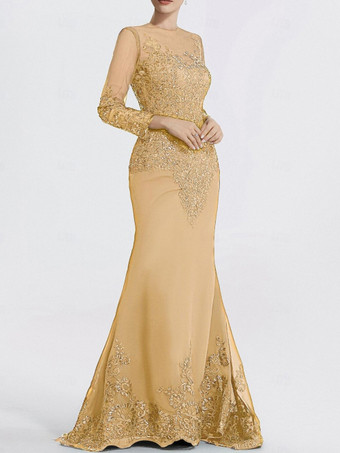 シャンパンイブニングドレス マーメイド ジュエルネック コートトレイン 長袖 ジッパーアップリケ スパンコール フォーマルパーティードレス