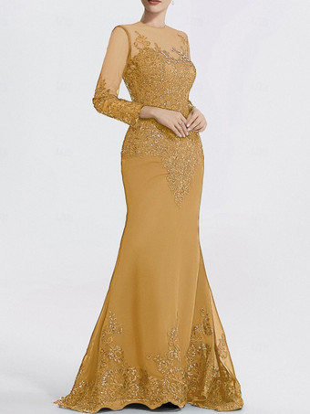ゴールド イブニングドレス マーメイド ジュエルネック コートトレイン 長袖 ジッパーアップリケ スパンコール フォーマルパーティードレス