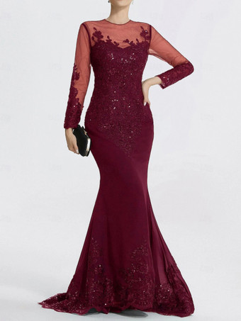 バーガンディーイブニングドレス マーメイド ジュエルネック コートトレイン 長袖 ジッパーアップリケ スパンコール フォーマルパーティードレス