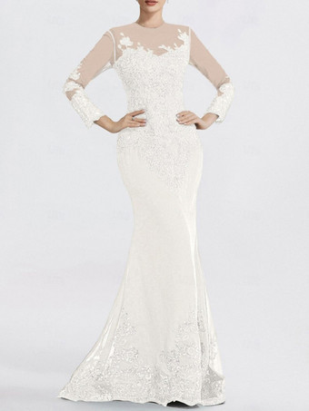 アイボリーイブニングドレス マーメイド ジュエルネック コートトレイン 長袖 ジッパーアップリケ スパンコール フォーマルパーティードレス