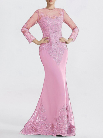 ピンクイブニングドレス マーメイド ジュエルネック コートトレイン 長袖 ジッパーアップリケ スパンコール フォーマルパーティードレス