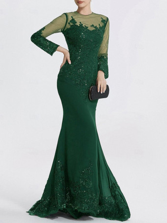 ダークグリーンイブニングドレス マーメイド ジュエルネック コートトレイン 長袖 ジッパーアップリケ スパンコール フォーマルパーティードレス