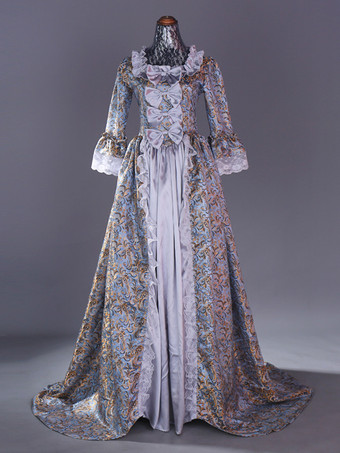 グレイピンクのレトロコスチューム レースポリエステル花柄ドレス マリーアントワネットコスチューム レディース レトロセット 18世紀コスチューム