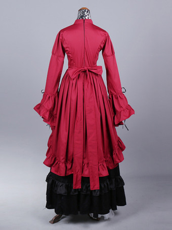 バーガンディ レトロコスチューム レディース カラーブロック フリル リボン ポリエステル セットドレス レトロ マリーアントワネット コスチューム パーティー プロムドレス