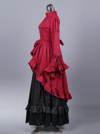 バーガンディ レトロコスチューム レディース カラーブロック フリル リボン ポリエステル セットドレス レトロ マリーアントワネット コスチューム パーティー プロムドレス