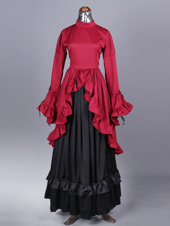ワインレッド バーガンディ レトロコスチューム レディース カラーブロック フリル リボン ポリエステル セットドレス レトロ マリーアントワネット コスチューム パーティー プロムドレス