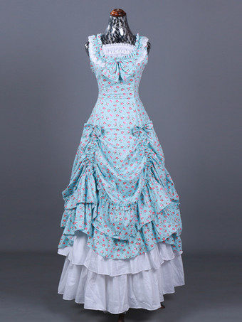 ライトスカイブルーライトスカイブルー レトロコスチューム レディース 花柄 フリル プリーツ ポリエステル セットドレス マリーアントワネット コスチューム レトロ 18世紀 コスチューム