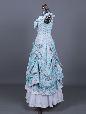 ライトスカイブルー レトロコスチューム レディース 花柄 フリル プリーツ ポリエステル セットドレス マリーアントワネット コスチューム レトロ 18世紀 コスチューム