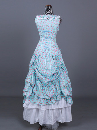 ライトスカイブルー レトロコスチューム レディース 花柄 フリル プリーツ ポリエステル セットドレス マリーアントワネット コスチューム レトロ 18世紀 コスチューム