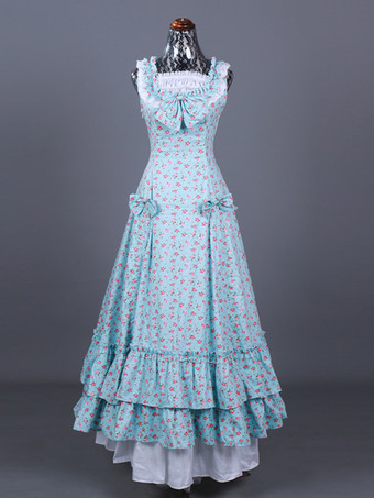 ライトスカイブルー レトロコスチューム レディース 花柄 フリル プリーツ ポリエステル セットドレス マリーアントワネット コスチューム レトロ 18世紀 コスチューム
