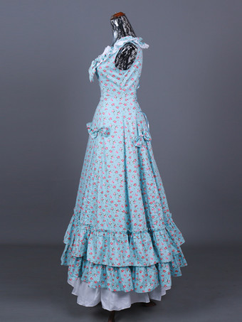 ライトスカイブルー レトロコスチューム レディース 花柄 フリル プリーツ ポリエステル セットドレス マリーアントワネット コスチューム レトロ 18世紀 コスチューム