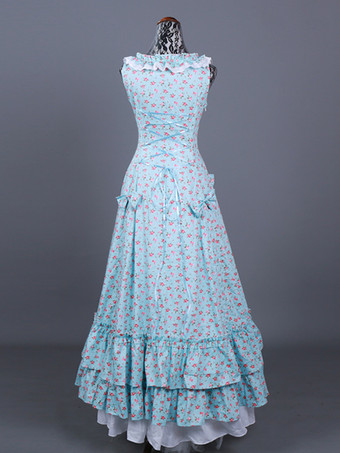 ライトスカイブルー レトロコスチューム レディース 花柄 フリル プリーツ ポリエステル セットドレス マリーアントワネット コスチューム レトロ 18世紀 コスチューム