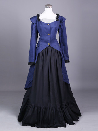 ブルー ブルー レトロ コスチューム レディース カラーブロック マリー アントワネット コスチューム フリル ポリエステル セット スカート トップ レトロ パーティー プロム ドレス