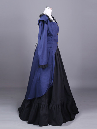 ブルー レトロ コスチューム レディース カラーブロック マリー アントワネット コスチューム フリル ポリエステル セット スカート トップ レトロ パーティー プロム ドレス