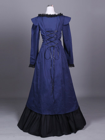 ブルー レトロ コスチューム レディース カラーブロック マリー アントワネット コスチューム フリル ポリエステル セット スカート トップ レトロ パーティー プロム ドレス