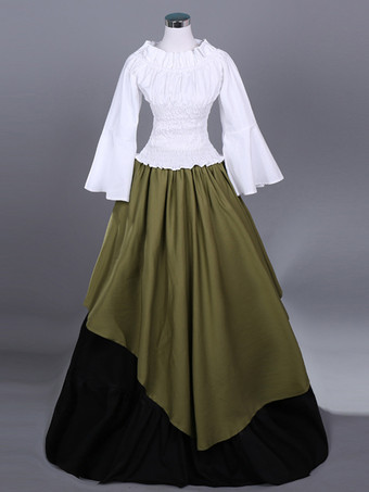 ハンターグリーン ハンターグリーン レトロコスチューム レディース カラーブロック プリーツ フリル ポリエステル セットトップスカート マリーアントワネットコスチューム レトロ ヴィンテージ クロージング