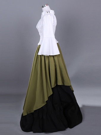 ハンターグリーン レトロコスチューム レディース カラーブロック プリーツ フリル ポリエステル セットトップスカート マリーアントワネットコスチューム レトロ ヴィンテージ クロージング