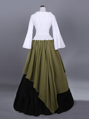 ハンターグリーン レトロコスチューム レディース カラーブロック プリーツ フリル ポリエステル セットトップスカート マリーアントワネットコスチューム レトロ ヴィンテージ クロージング