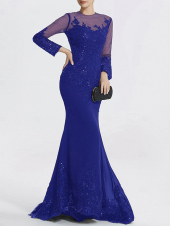 ロイヤルブルーイブニングドレス マーメイド ジュエルネック コートトレイン 長袖 ジッパーアップリケ スパンコール フォーマルパーティードレス