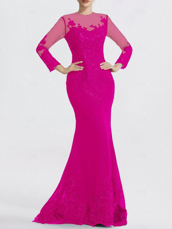 ローズレッドイブニングドレス マーメイド ジュエルネック コートトレイン 長袖 ジッパーアップリケ スパンコール フォーマルパーティードレス