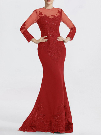 レッドイブニングドレス マーメイド ジュエルネック コートトレイン 長袖 ジッパーアップリケ スパンコール フォーマルパーティードレス