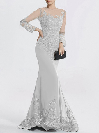 ライトグレーイブニングドレス マーメイド ジュエルネック コートトレイン 長袖 ジッパーアップリケ スパンコール フォーマルパーティードレス