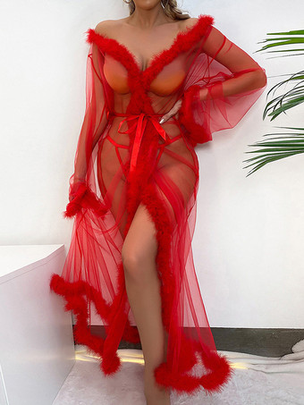 レッド ローブ チュール フェザー シアー ランジェリー